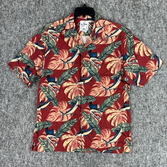 GUY HARVEY SHIRT MENS M RED HAWAIIAN MARLIN AFTCO BLUEWATER LOOSE EASY-CARE CAMP - Picture 1 of 10